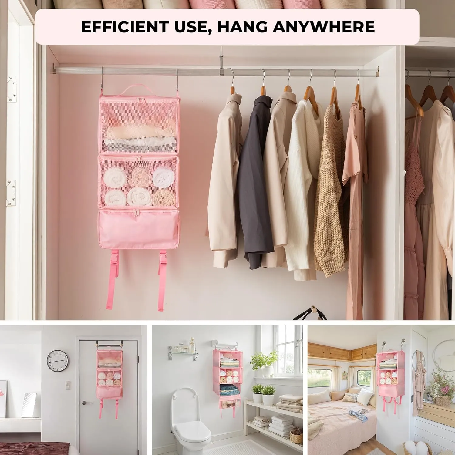 GRANNY SAYS Hanging Packing Cubes for Travel, Large Portable Hanging Suitcase Organizer, Foldable Compression Luggage Organizer Bags for Clothes, Carry on Closet Suitcase, XL-Pink Travel Shelves