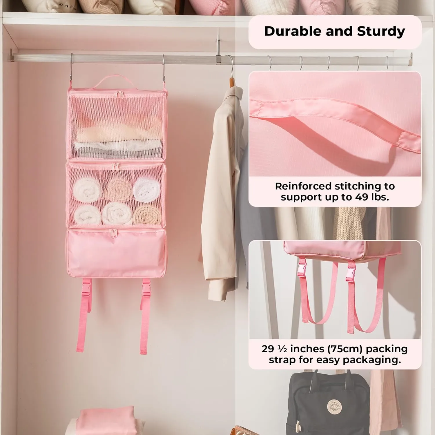 GRANNY SAYS Hanging Packing Cubes for Travel, Large Portable Hanging Suitcase Organizer, Foldable Compression Luggage Organizer Bags for Clothes, Carry on Closet Suitcase, XL-Pink Travel Shelves