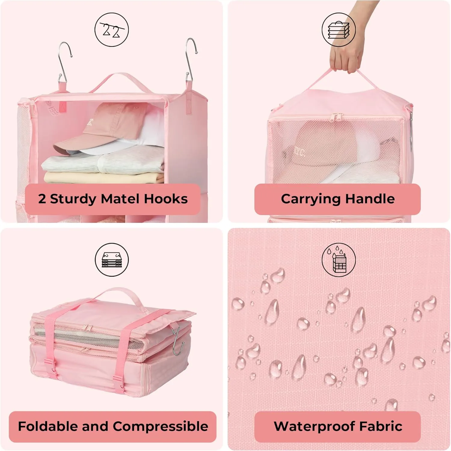GRANNY SAYS Hanging Packing Cubes for Travel, Large Portable Hanging Suitcase Organizer, Foldable Compression Luggage Organizer Bags for Clothes, Carry on Closet Suitcase, XL-Pink Travel Shelves