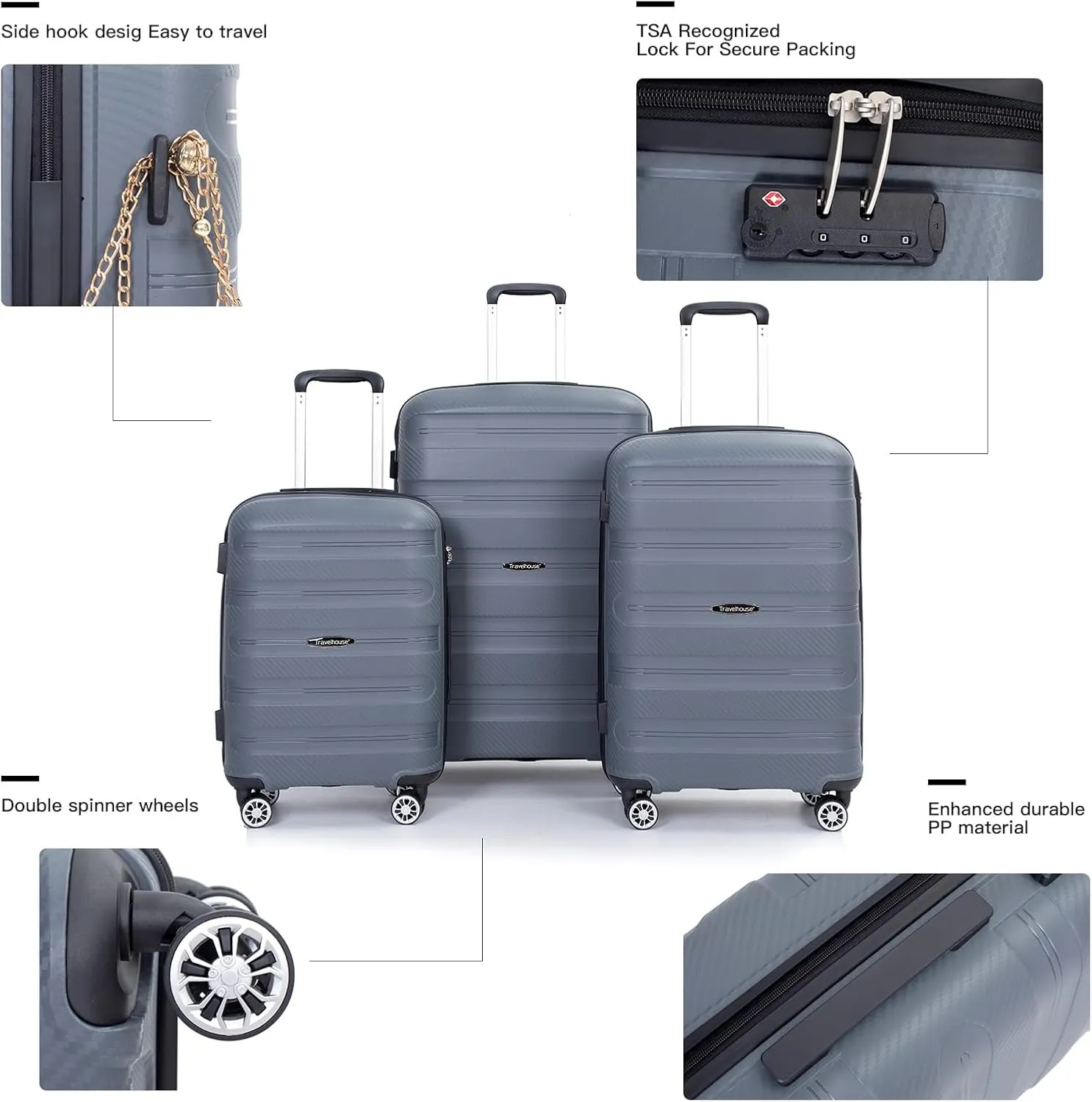 Gray-21 3-Piece Hardshell Luggage Set, Lightweight Suitcase Set with Spinner Wheels, TSA Lock, Checked and Carry-on Luggage (20/24/28 inch)
