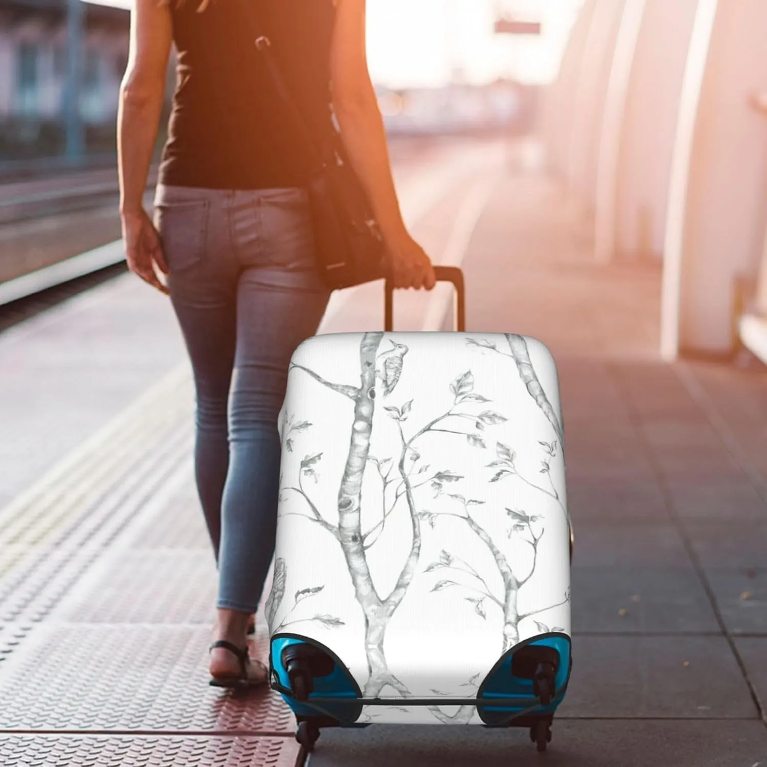 Gray Woods And Birds Print Luggage Cover For Suitcases, Elastic Travel Bag For Luggage, Stylish Design