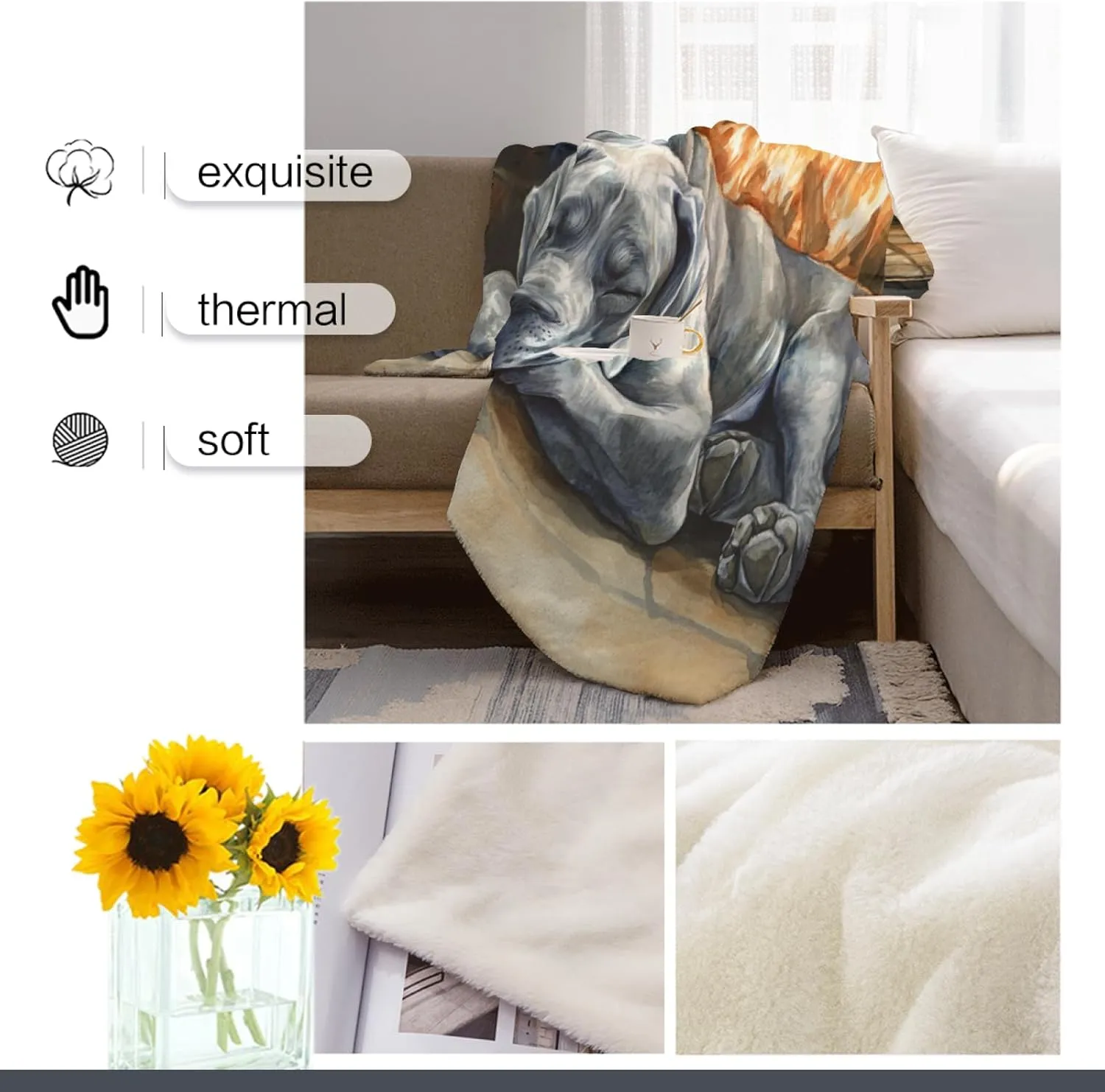 Great Dane Winter Throw Blanket, Fireplace Painting Blanket, Lightweight Cozy Plush Flannel Blanket for Bed Couch Sofa Office Decor and Travel, Teens 50x60 Inch