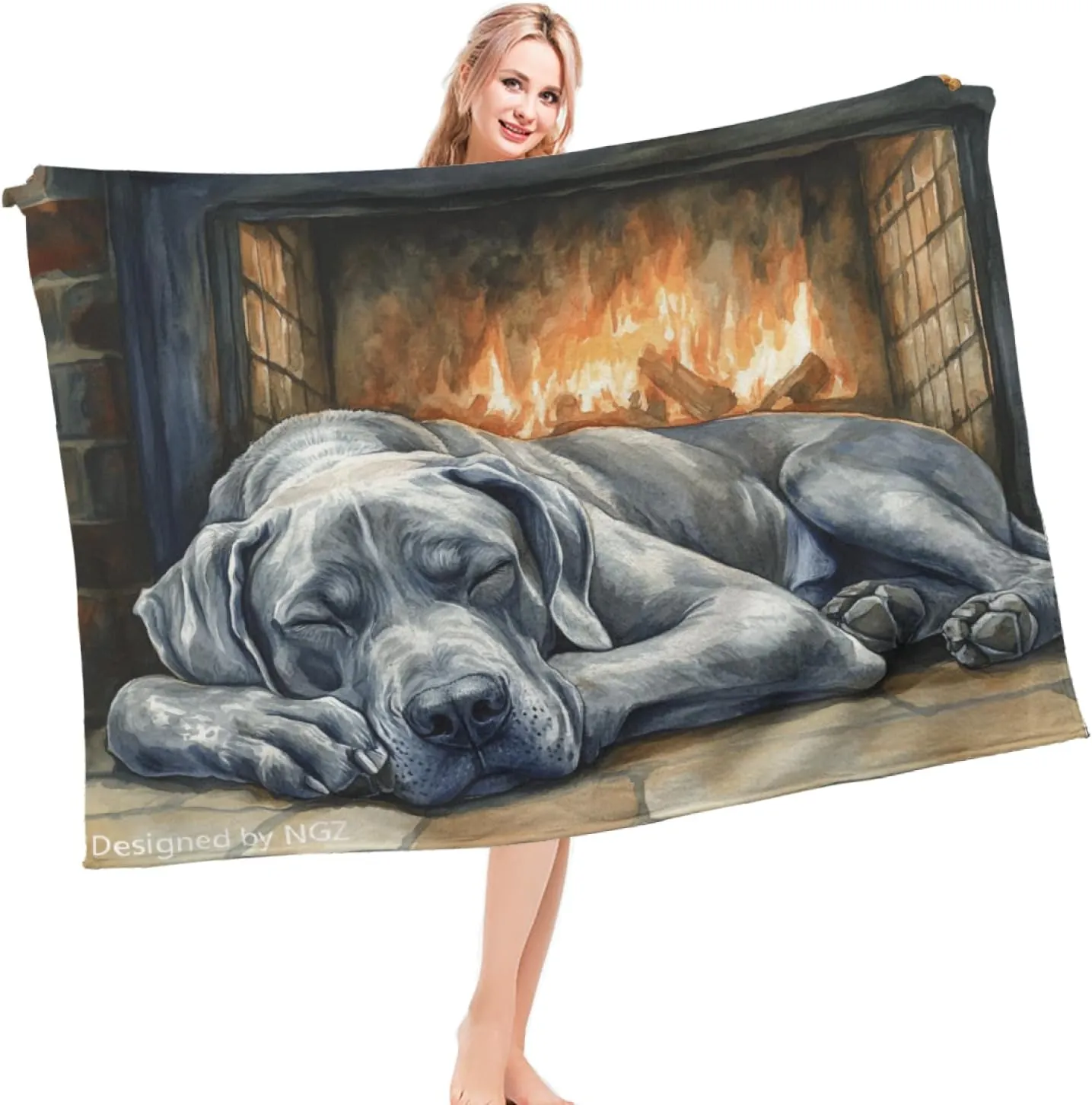 Great Dane Winter Throw Blanket, Fireplace Painting Blanket, Lightweight Cozy Plush Flannel Blanket for Bed Couch Sofa Office Decor and Travel, Teens 50x60 Inch