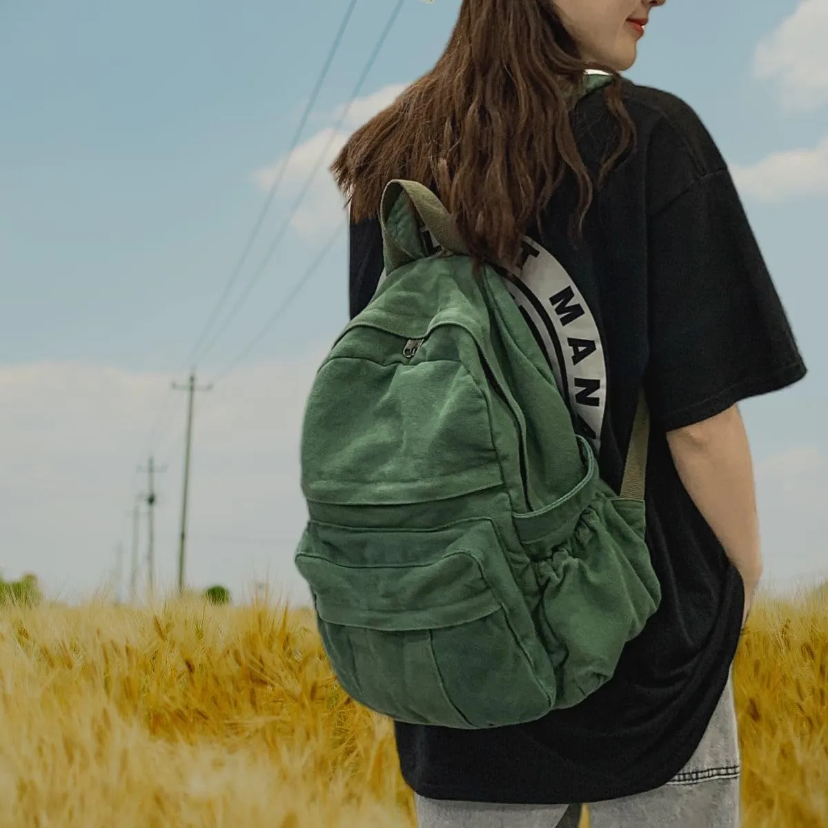 Green Canvas Backpack for Women Retro Aesthetic Rucksack Basic Backpack for High School/College Students Travel Laptop Bag