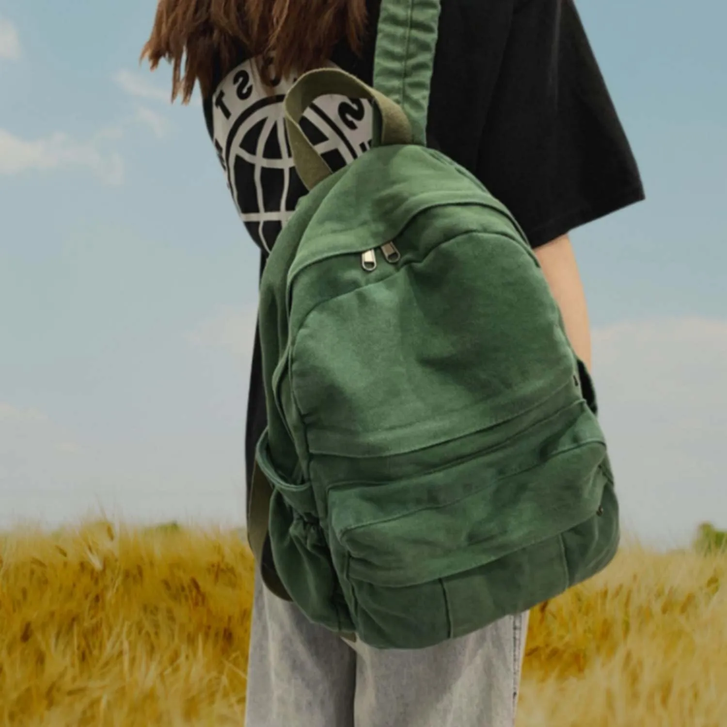 Green Canvas Backpack for Women Retro Aesthetic Rucksack Basic Backpack for High School/College Students Travel Laptop Bag