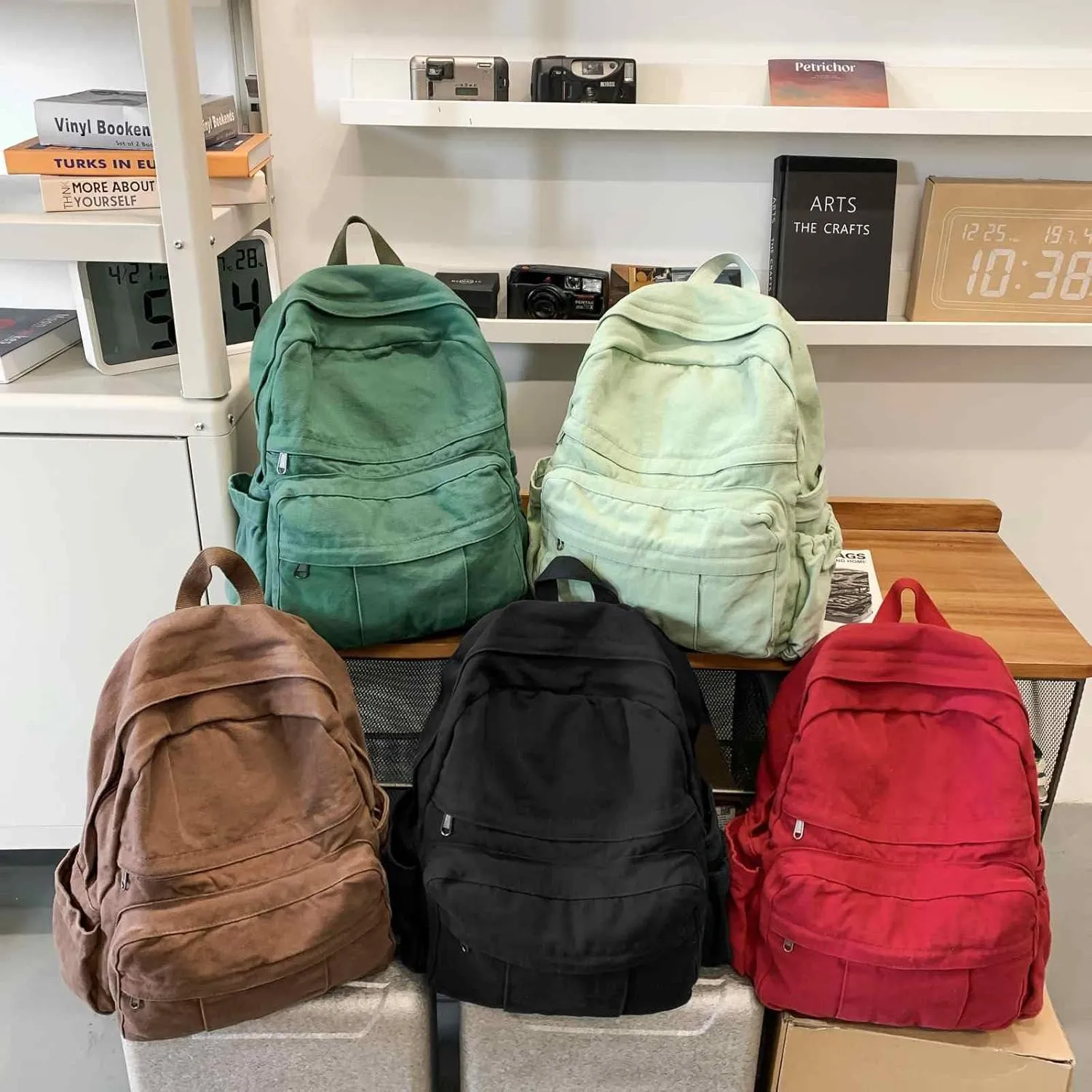 Green Canvas Backpack for Women Retro Aesthetic Rucksack Basic Backpack for High School/College Students Travel Laptop Bag