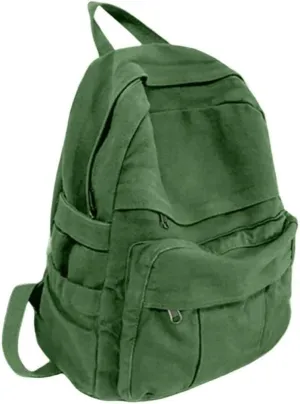 Green Canvas Backpack for Women Retro Aesthetic Rucksack Basic Backpack for High School/College Students Travel Laptop Bag