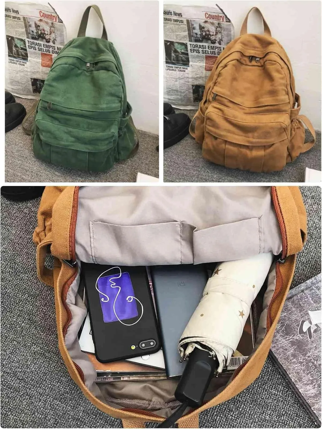 Green Canvas Backpack for Women Retro Aesthetic Rucksack Basic Backpack for High School/College Students Travel Laptop Bag