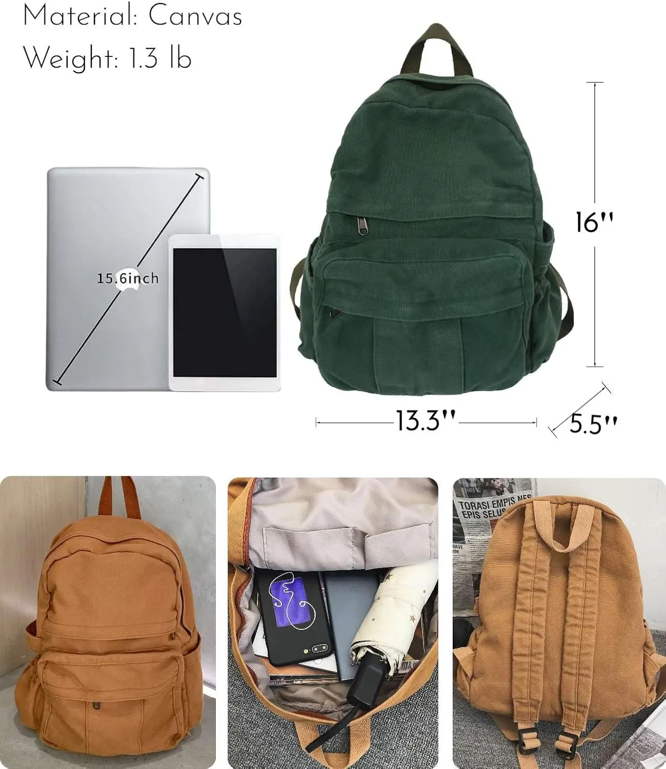 Green Canvas Backpack for Women Retro Aesthetic Rucksack Basic Backpack for High School/College Students Travel Laptop Bag