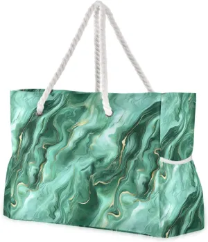 Greenish-gold Marble Sturdy beach bag for travel with zipper womens computer tote bags for work with cup holders on side