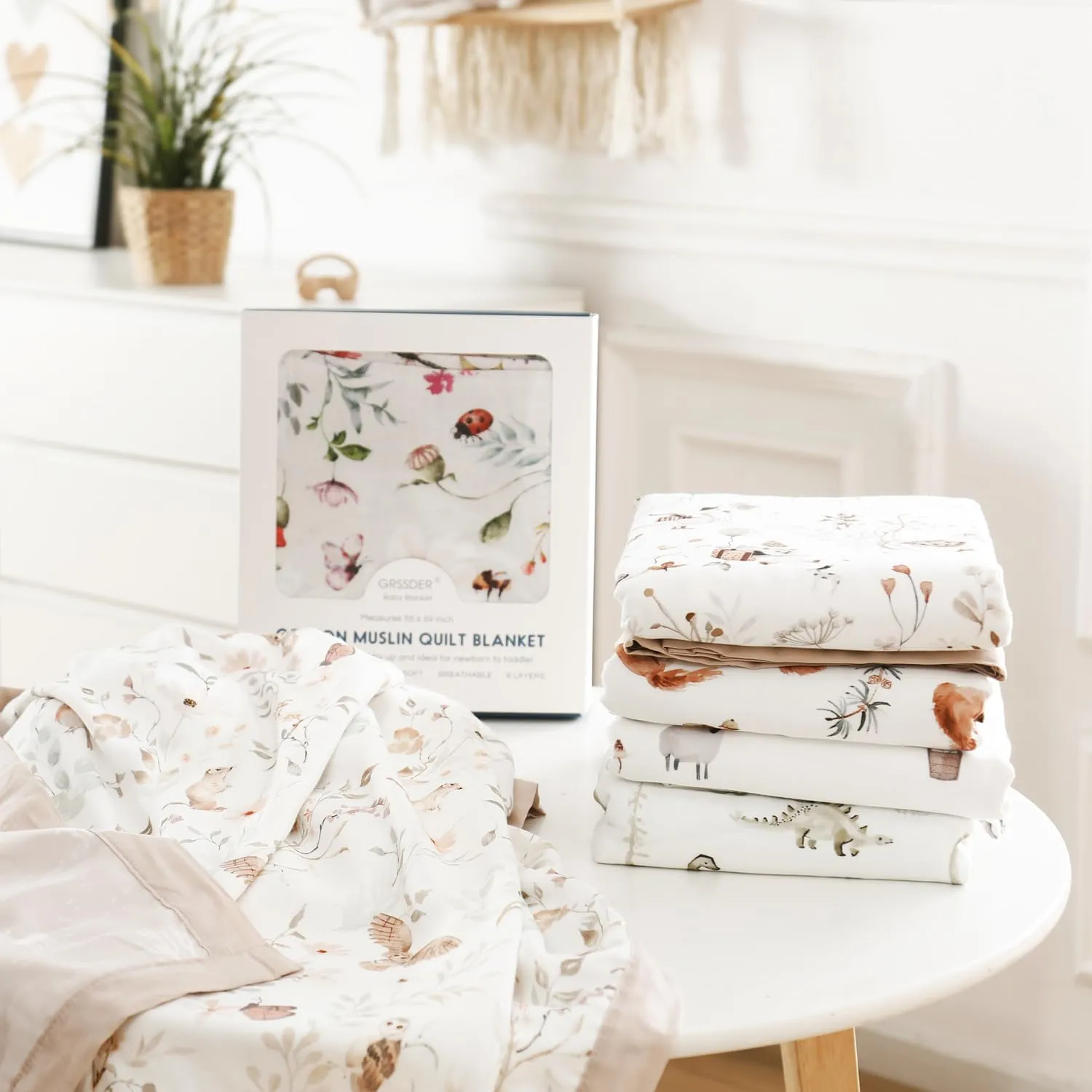 GRSSDER Muslin Cotton Quilt Blanket - Silky Soft and Breathable Baby Blanket Quilt, Oversized Muslin Blankets for Newborns, Toddlers & Kids, 6 Layers Reversible Design for All Seasons, 47" x 47"