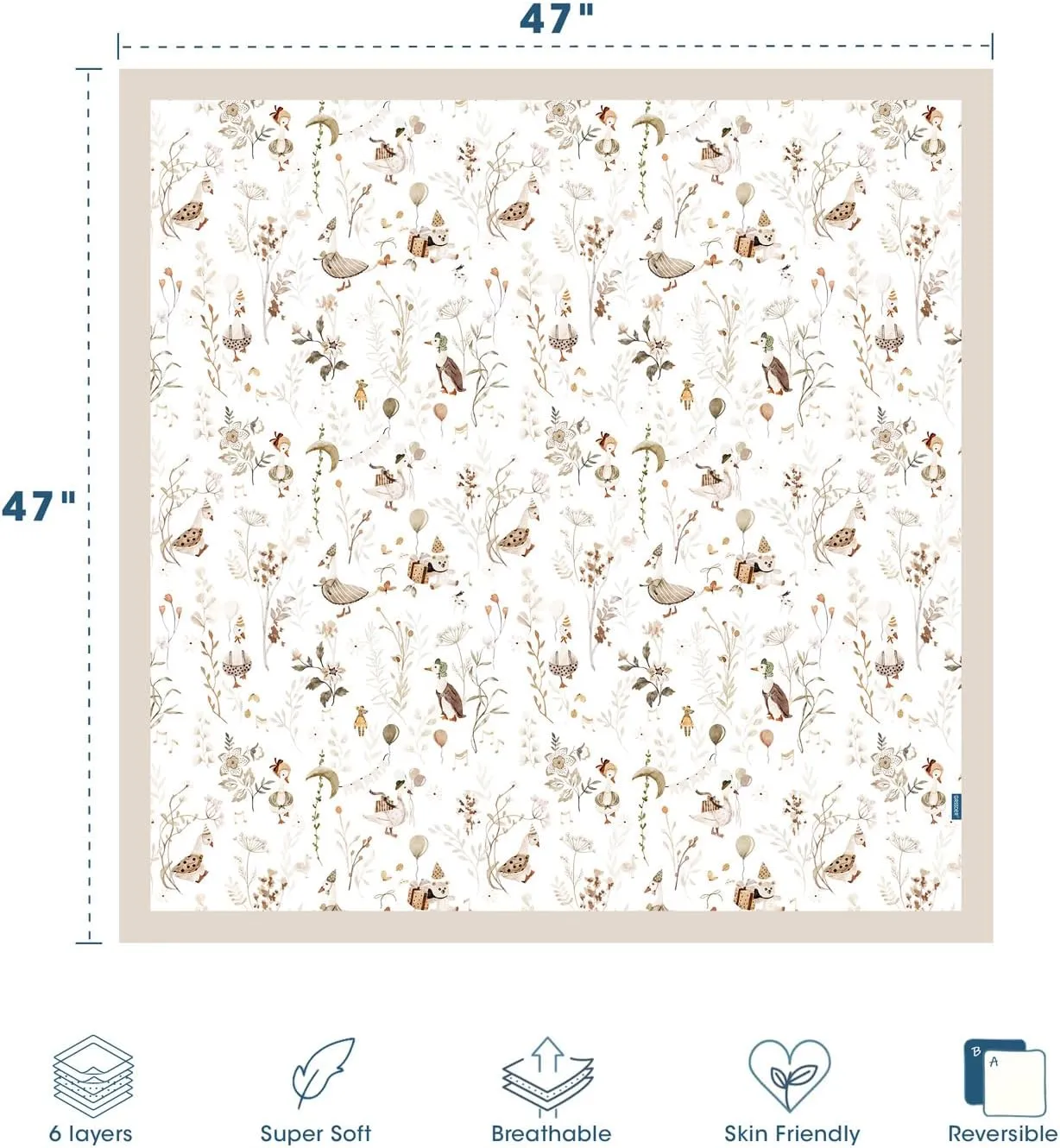 GRSSDER Muslin Cotton Quilt Blanket - Silky Soft and Breathable Baby Blanket Quilt, Oversized Muslin Blankets for Newborns, Toddlers & Kids, 6 Layers Reversible Design for All Seasons, 47" x 47"