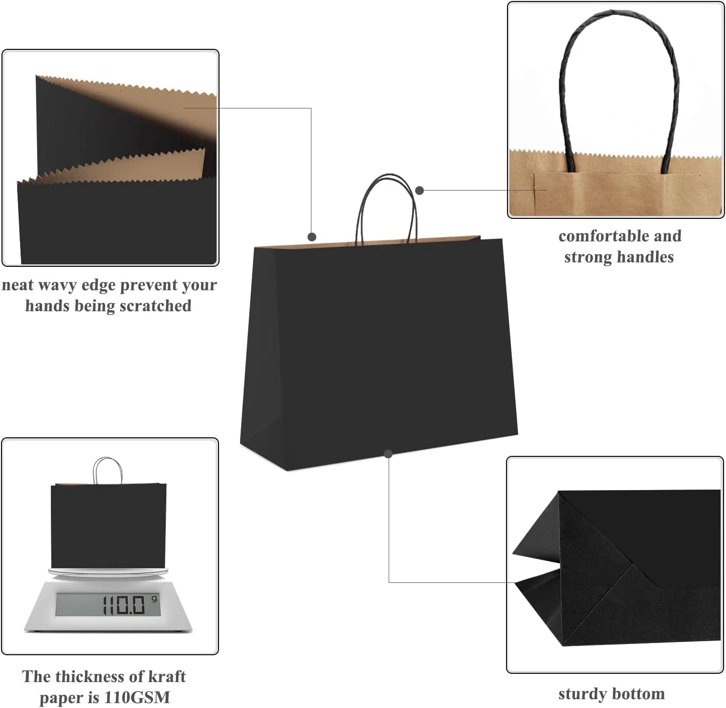 GSSUSA Black Large Gift Bags 16x6x12 Kraft Paper Bags with Handles 200Pcs Sturdy Shopping Party Merchandise Retail