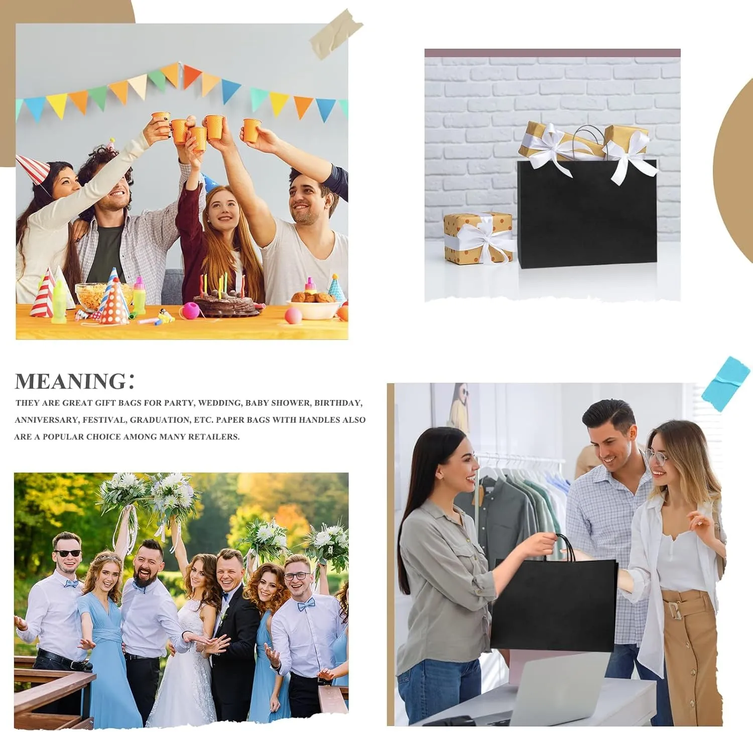 GSSUSA Black Large Gift Bags 16x6x12 Kraft Paper Bags with Handles 200Pcs Sturdy Shopping Party Merchandise Retail