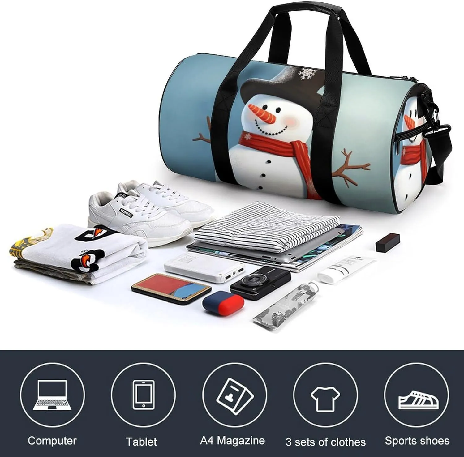 Gym Bag for Men Women Cute Snowman Duffel Bag Overnight Bag with Compartment Gym Sackpac