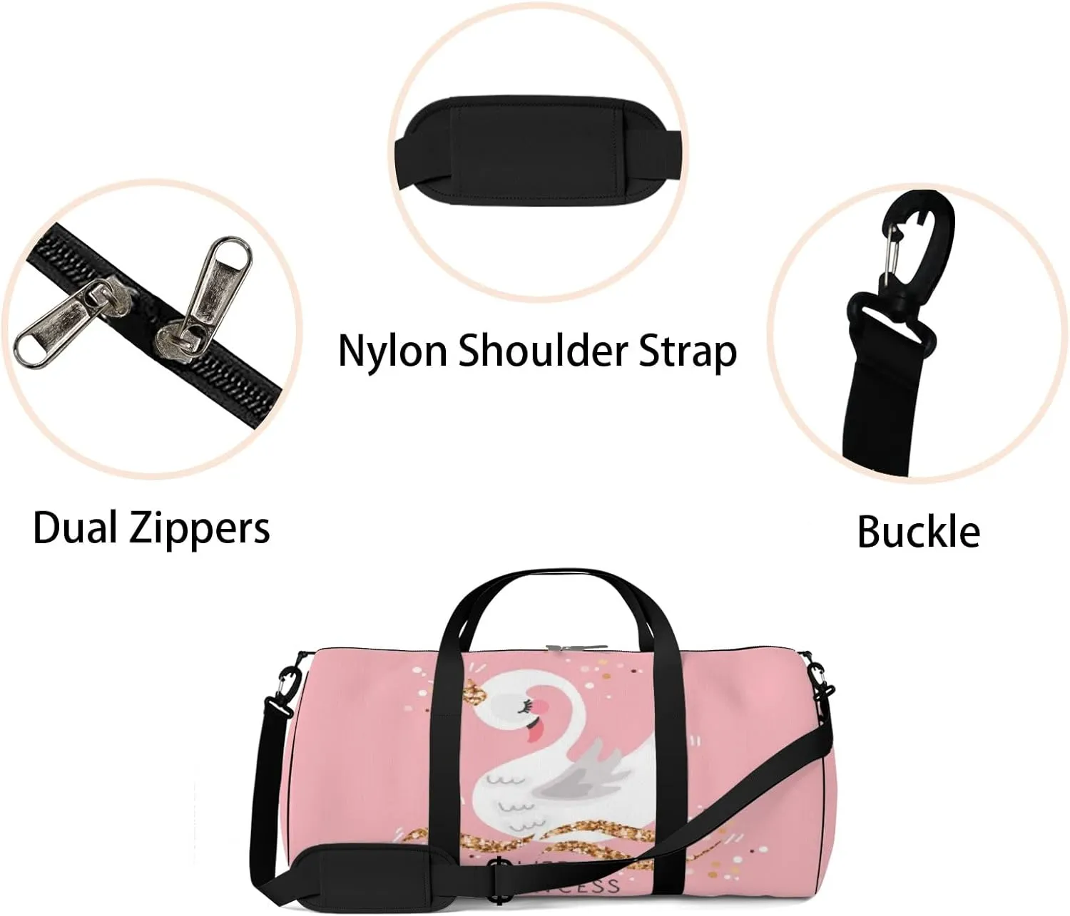Gym Bag Sports Travel Bag Crown Swan Pink White Weekender Bags with 2 Side Pocket Lightweight Waterproof Polyester Tote Bag for Swimming Yoga Women Men 9x17.6inch