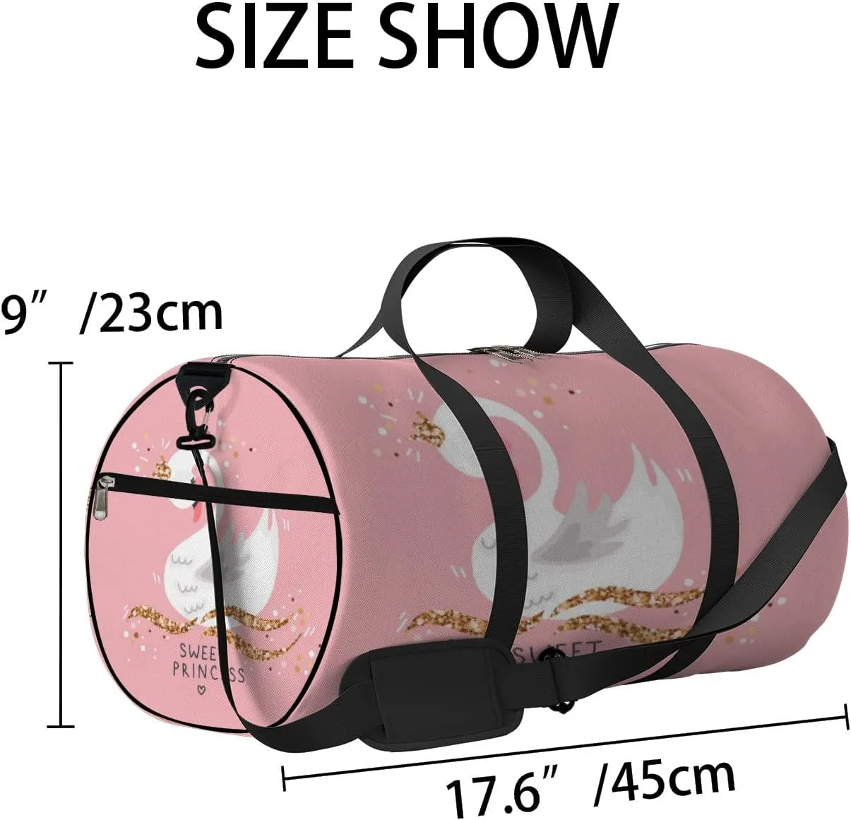 Gym Bag Sports Travel Bag Crown Swan Pink White Weekender Bags with 2 Side Pocket Lightweight Waterproof Polyester Tote Bag for Swimming Yoga Women Men 9x17.6inch
