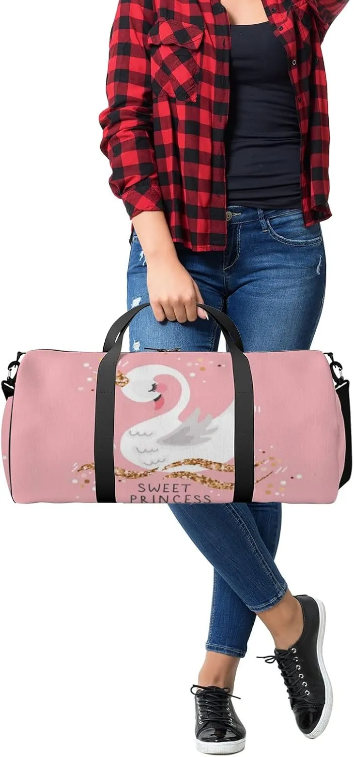 Gym Bag Sports Travel Bag Crown Swan Pink White Weekender Bags with 2 Side Pocket Lightweight Waterproof Polyester Tote Bag for Swimming Yoga Women Men 9x17.6inch