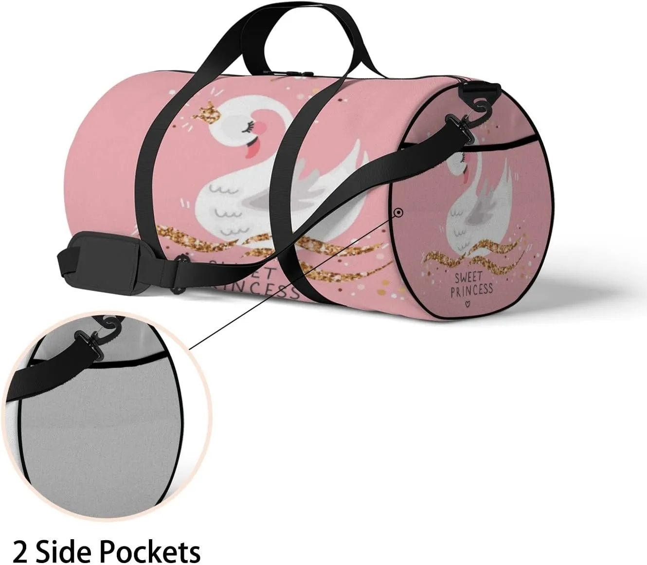 Gym Bag Sports Travel Bag Crown Swan Pink White Weekender Bags with 2 Side Pocket Lightweight Waterproof Polyester Tote Bag for Swimming Yoga Women Men 9x17.6inch