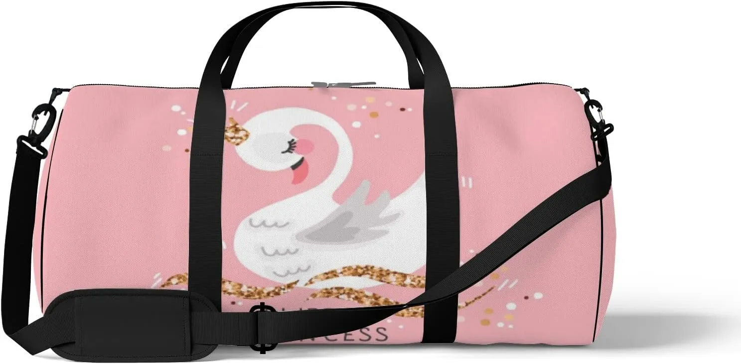 Gym Bag Sports Travel Bag Crown Swan Pink White Weekender Bags with 2 Side Pocket Lightweight Waterproof Polyester Tote Bag for Swimming Yoga Women Men 9x17.6inch