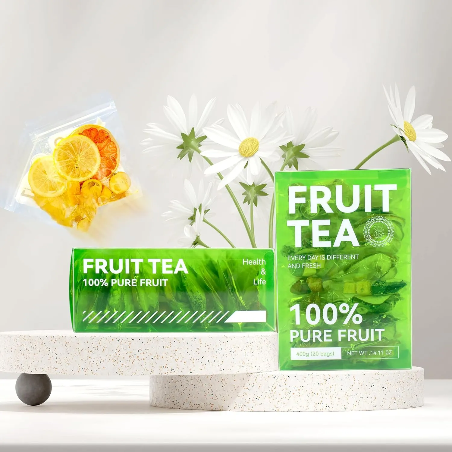 HAECHI Fruit Tea 20 bags of Vitamin C Boosting, Beauty & Gut Health Cold Brew Infusions with Freeze-Dried Fruits and Sugar Cubes 14.11 0Z（20g Each Bag） (Assorted Fruit Tea A)