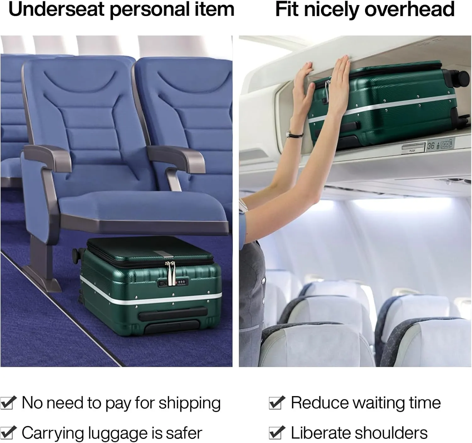 Hanke 16 Inch Underseat Carry On Suitcases with Wheels,Lightweight Hard Shell Carry on Luggage for Weekender,Top Opening Small Suitcase,Travel Luggage for Womem Men,Dark Green.