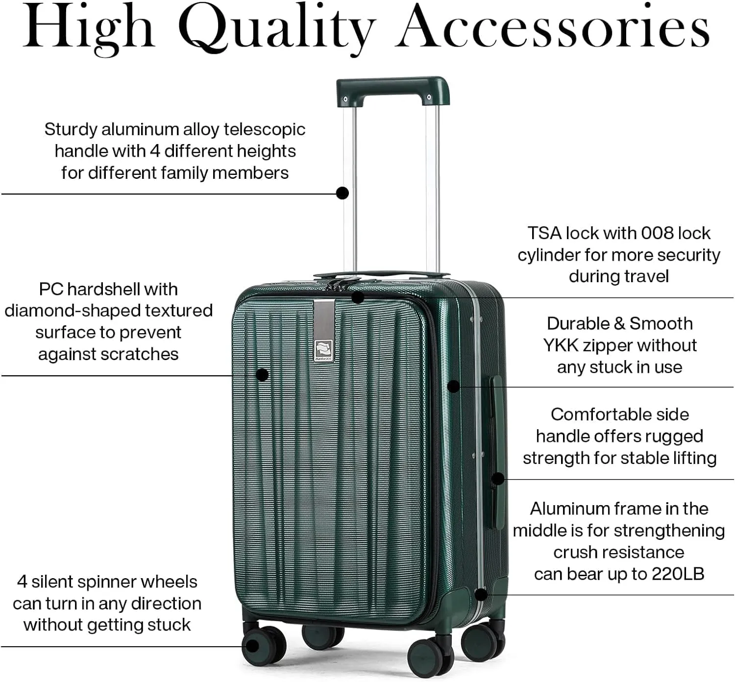 Hanke 20 Inch Carry On Luggage Aluminum Frame Front Opening Rolling Suitcase PC Hard Sided Luggage with Spinner Wheels Travel Luggage for Woman Men Gifts.(Dark Green)