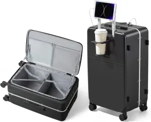 Hanke 24 Inch Checked Luggage,Top Opening Hard Shell Suitcases with Wheels,Hard Case Travel Luggage with Lock and Cup Holder,Jet Black