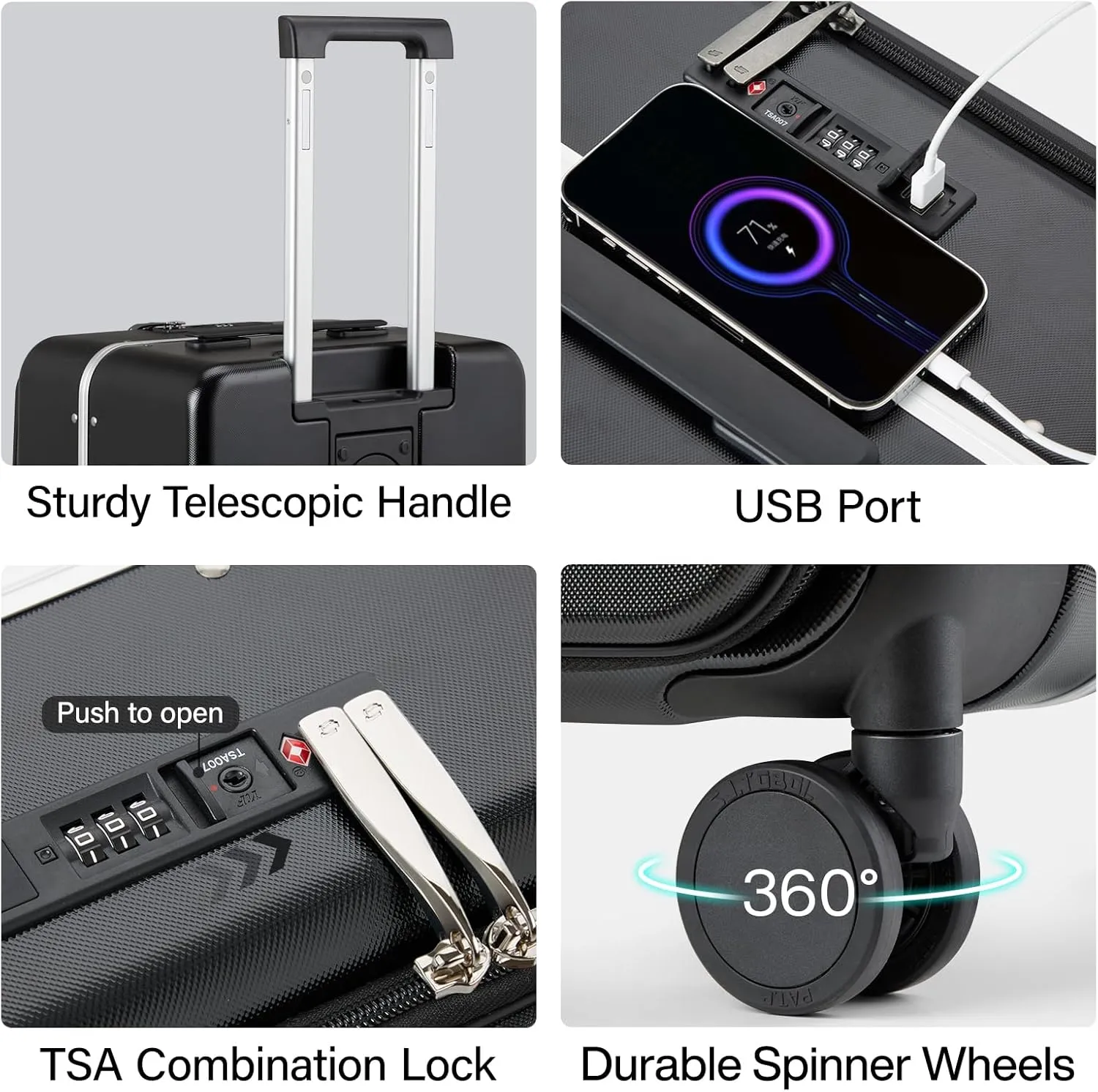 Hanke 24 Inch Checked Luggage,Top Opening Hard Shell Suitcases with Wheels,Hard Case Travel Luggage with Lock and Cup Holder,Jet Black
