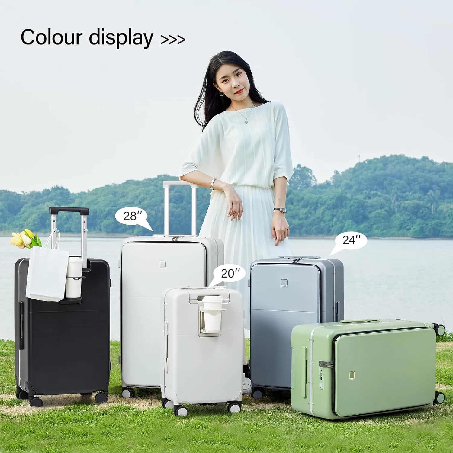 Hanke 24 Inch Checked Luggage,Top Opening Hard Shell Suitcases with Wheels,Hard Case Travel Luggage with Lock and Cup Holder,Smoke White