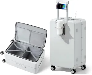 Hanke 24 Inch Checked Luggage,Top Opening Hard Shell Suitcases with Wheels,Hard Case Travel Luggage with Lock and Cup Holder,Smoke White
