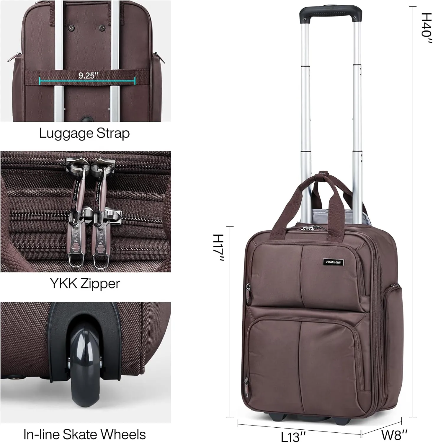 Hanke Softside Underseat Carry On Luggage with Wheels,Travel Luggage Rolling Bag Small Suitcase，Coffee, Underseater 16-Inch