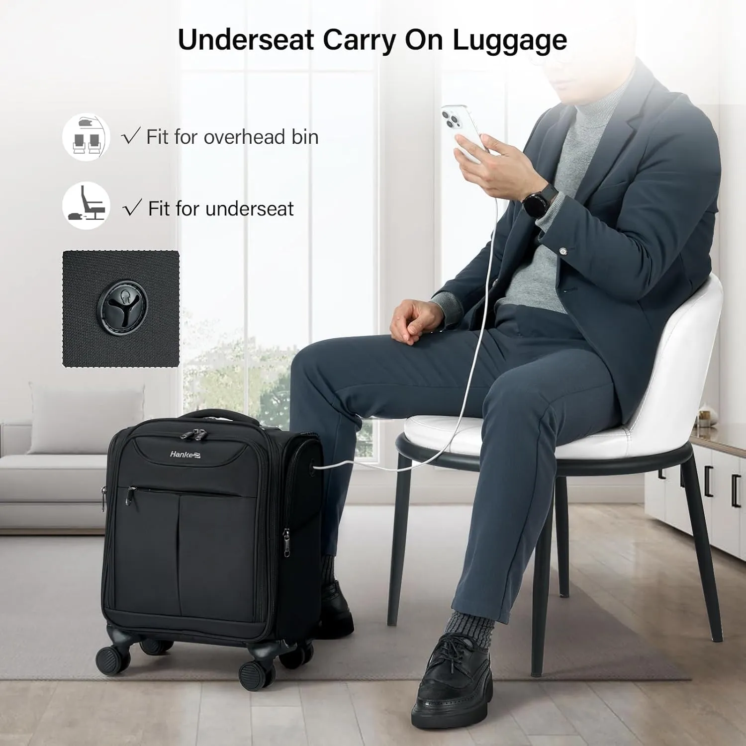 Hanke Underseat Carry On Luggage with Wheels, Lightweight Small Suitcase Airline Approved 16 Inch Softside Personal Item Travel Bag for Women Men, Compact Under Seat Luggage with Spinner Wheels,Black