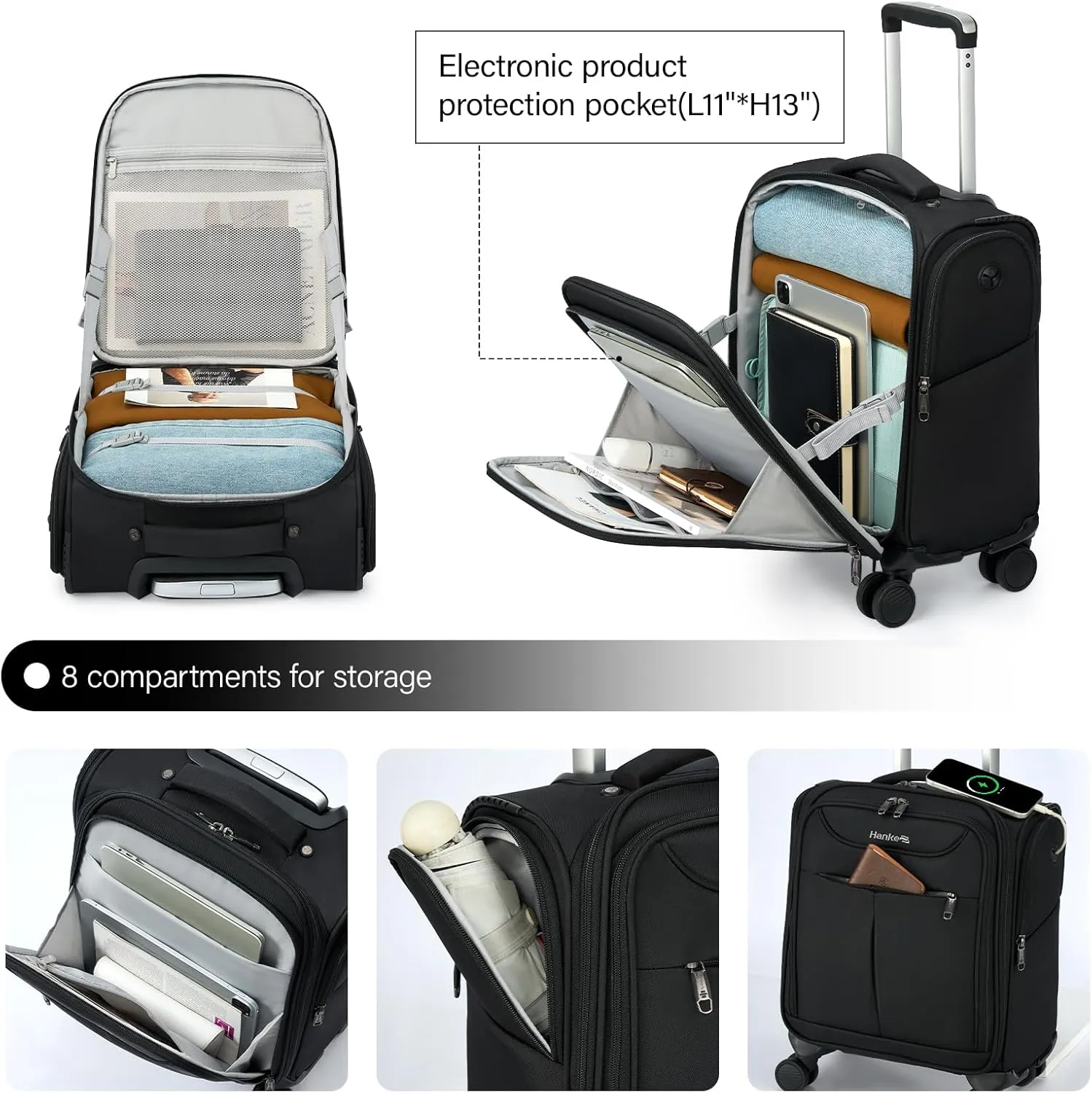 Hanke Underseat Carry On Luggage with Wheels, Lightweight Small Suitcase Airline Approved 16 Inch Softside Personal Item Travel Bag for Women Men, Compact Under Seat Luggage with Spinner Wheels,Black