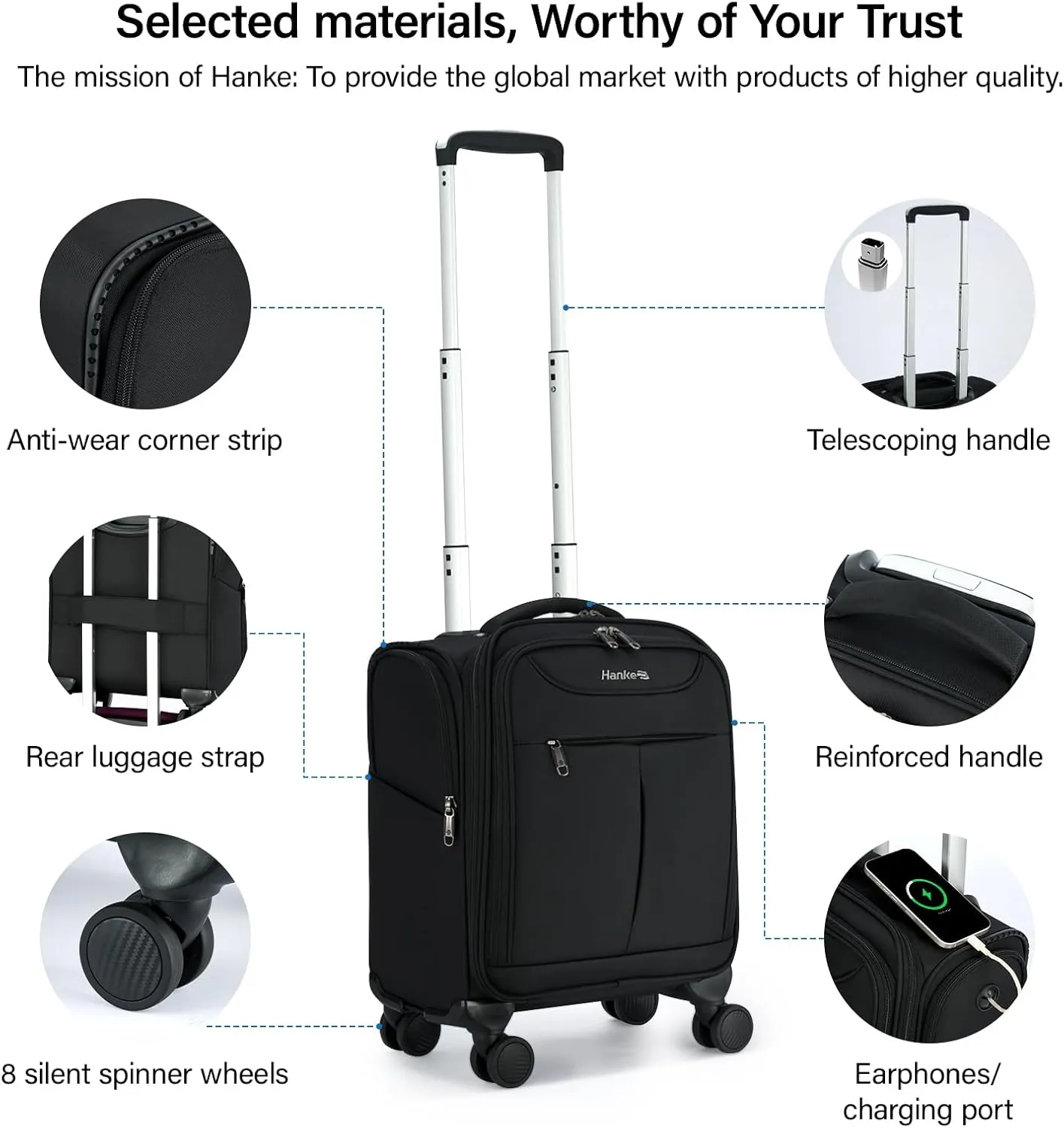 Hanke Underseat Carry On Luggage with Wheels, Lightweight Small Suitcase Airline Approved 16 Inch Softside Personal Item Travel Bag for Women Men, Compact Under Seat Luggage with Spinner Wheels,Black