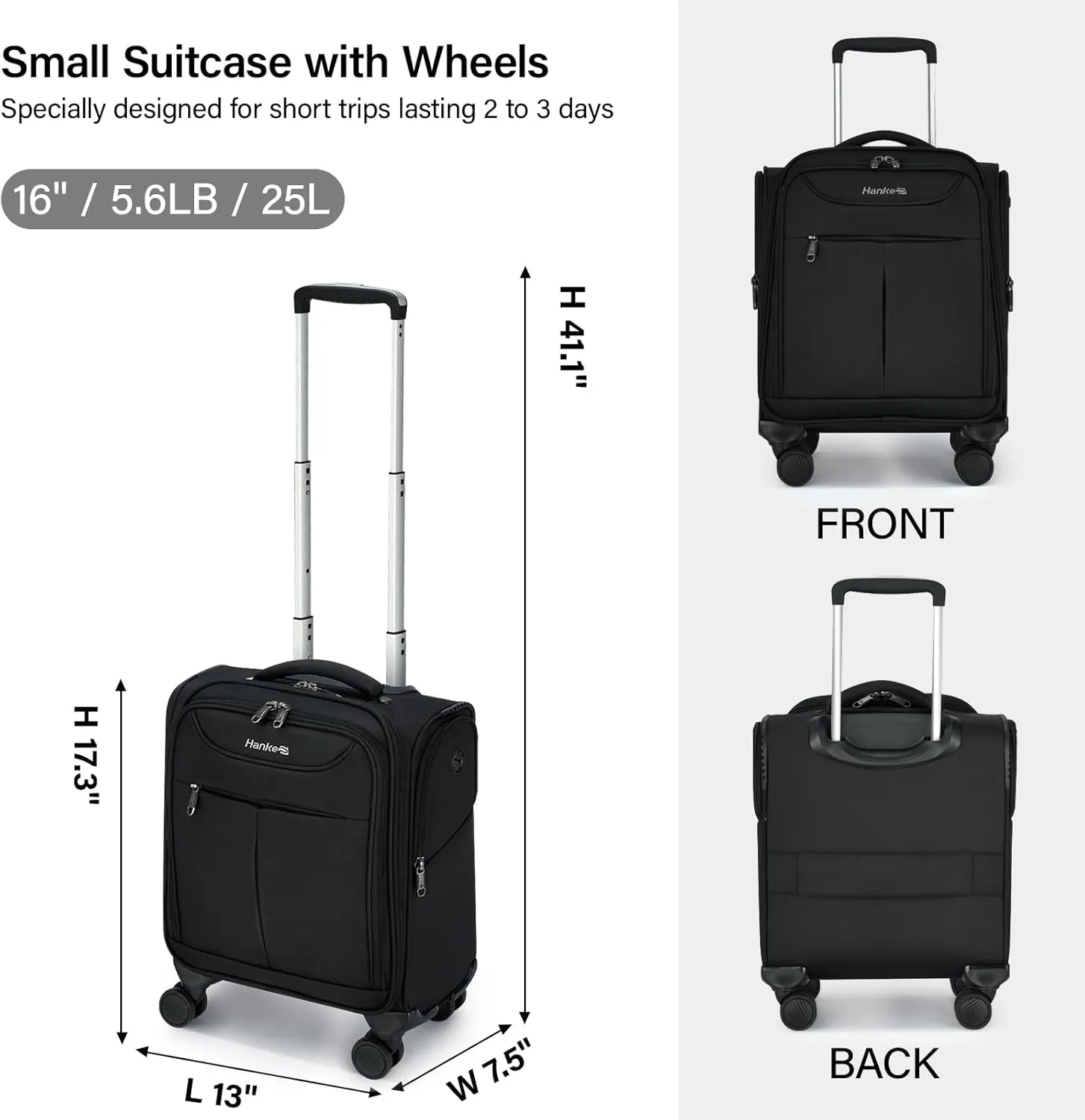 Hanke Underseat Carry On Luggage with Wheels, Lightweight Small Suitcase Airline Approved 16 Inch Softside Personal Item Travel Bag for Women Men, Compact Under Seat Luggage with Spinner Wheels,Black