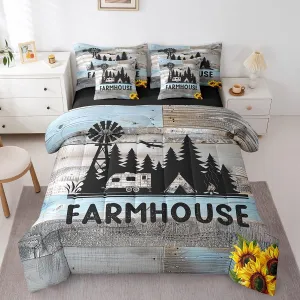 Happy Camping Camper Queen Comforter Set 7pcs Vintage Farmhouse Bedding Comforter Sets, Rustic Old Barn Door Bed in a Bag Retro Windmill Jungle Silhouette Bedding Set RV Travel Trailer Car Sheets Set