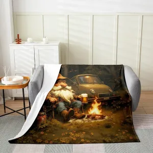 Happy Camping Gnome Fleece Blanket,Nature Adventure Trailer Campfire Throw Flannel Blanket for Bedroom,Rustic Jungle Beer Gnome Vintage Lightweight Blanket for Sofa Couch,Queen 90"x90"