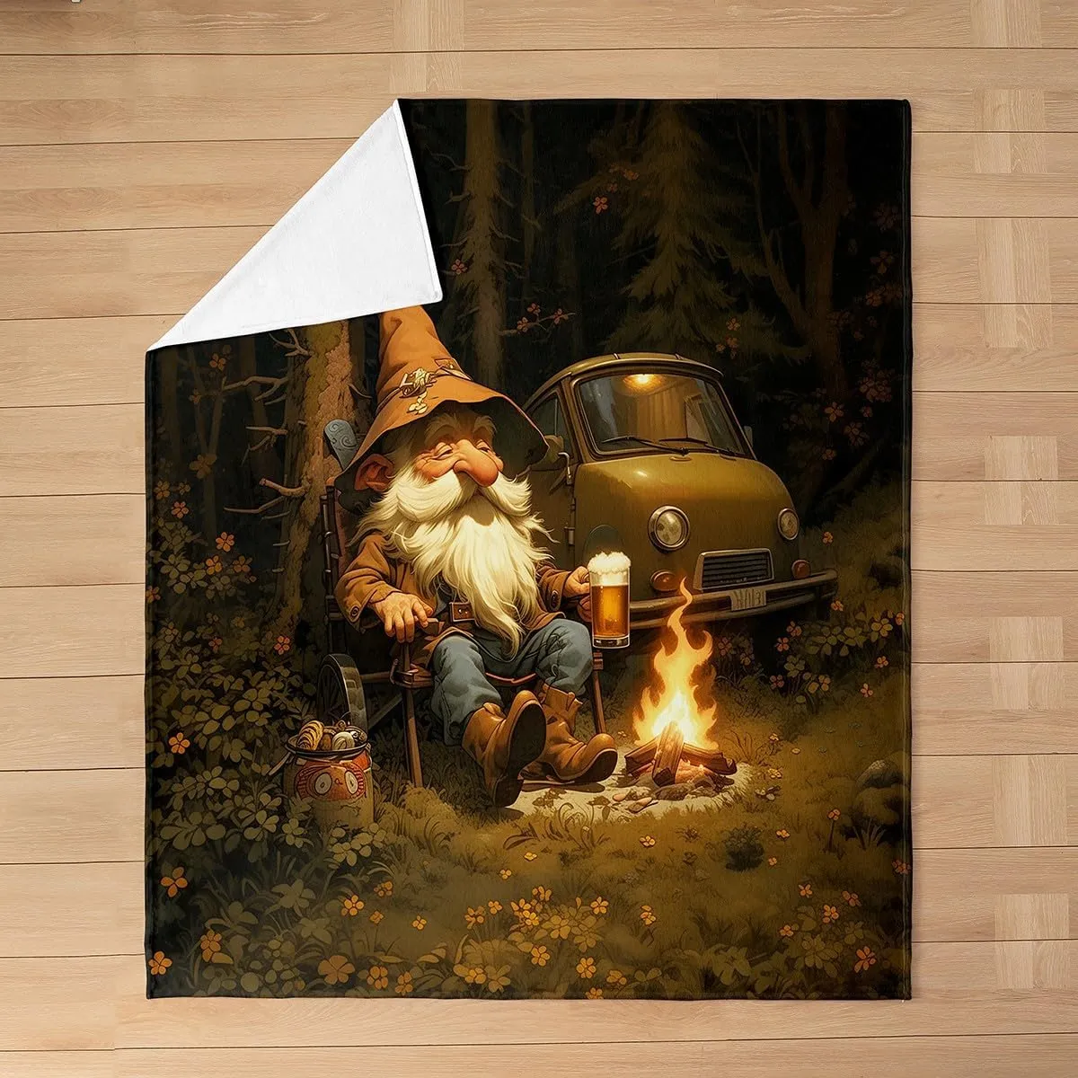 Happy Camping Gnome Fleece Blanket,Nature Adventure Trailer Campfire Throw Flannel Blanket for Bedroom,Rustic Jungle Beer Gnome Vintage Lightweight Blanket for Sofa Couch,Queen 90"x90"