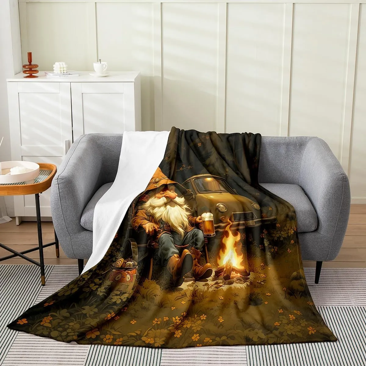 Happy Camping Gnome Fleece Blanket,Nature Adventure Trailer Campfire Throw Flannel Blanket for Bedroom,Rustic Jungle Beer Gnome Vintage Lightweight Blanket for Sofa Couch,Queen 90"x90"