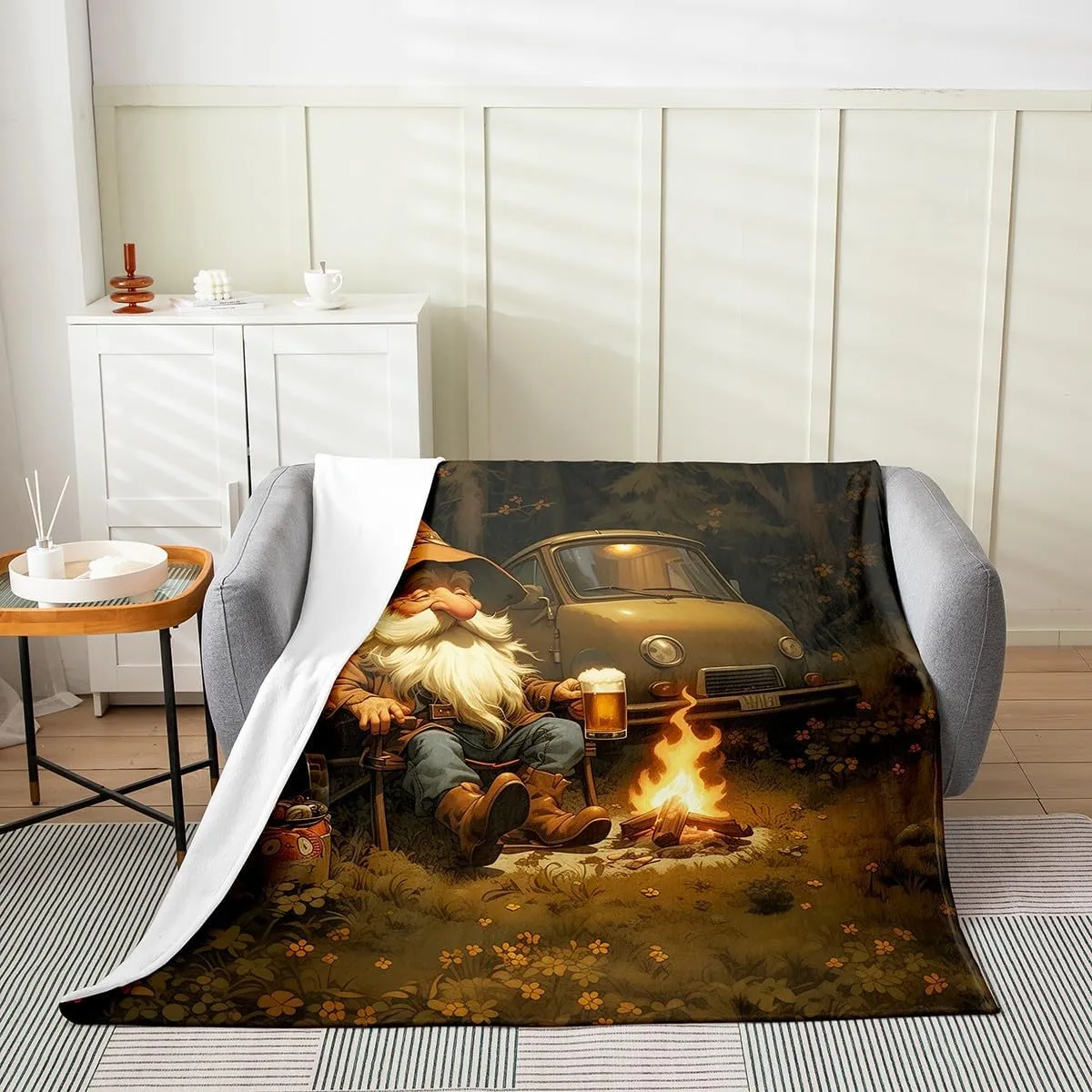 Happy Camping Gnome Fleece Blanket,Nature Adventure Trailer Campfire Throw Flannel Blanket for Bedroom,Rustic Jungle Beer Gnome Vintage Lightweight Blanket for Sofa Couch,Queen 90"x90"