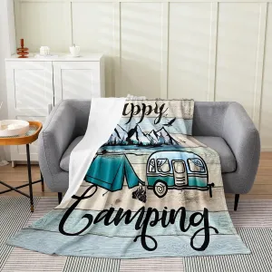 Happy Camping Throw Blanket,Retro Wooden Rustic Camper Fleece Blanket for Kids Boys Girls,Camping Travel Car Flannel Blanket 40x50,Camper Woodland Tree Mountain Plush Blanket Bedroom Decor