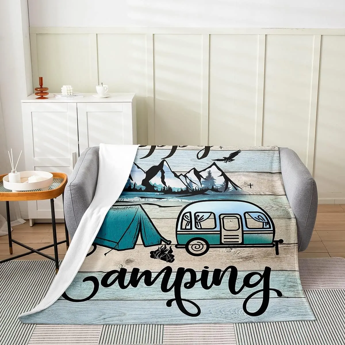 Happy Camping Throw Blanket,Retro Wooden Rustic Camper Fleece Blanket for Kids Boys Girls,Camping Travel Car Flannel Blanket 40x50,Camper Woodland Tree Mountain Plush Blanket Bedroom Decor