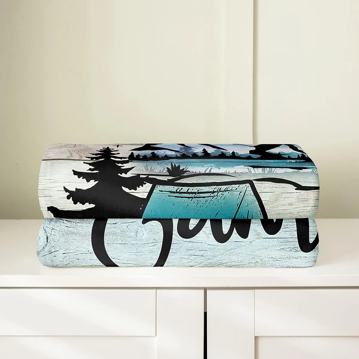 Happy Camping Throw Blanket,Retro Wooden Rustic Camper Fleece Blanket for Kids Boys Girls,Camping Travel Car Flannel Blanket 40x50,Camper Woodland Tree Mountain Plush Blanket Bedroom Decor