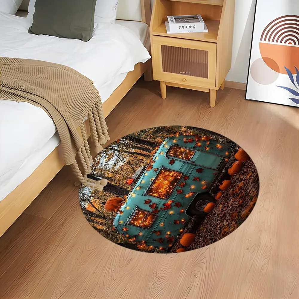 Happy Fall Camper Round Rug 4.9ft-Rustic Autumn Pumpkin Tree Mountain Adventure Tent Camping Travel Trailer Bathroom Rug Microfiber Memory Foam Area Rugs for Living Room Kitchen Bath Floor Rugs
