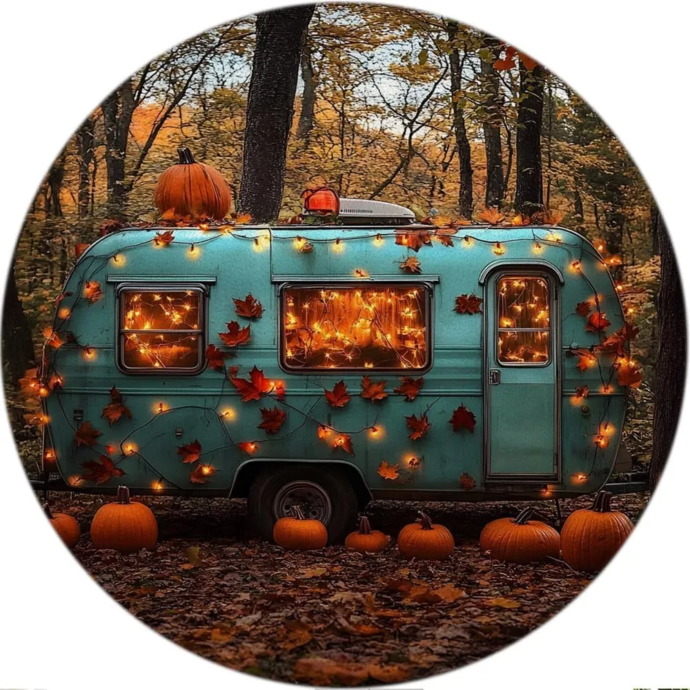Happy Fall Camper Round Rug 4.9ft-Rustic Autumn Pumpkin Tree Mountain Adventure Tent Camping Travel Trailer Bathroom Rug Microfiber Memory Foam Area Rugs for Living Room Kitchen Bath Floor Rugs