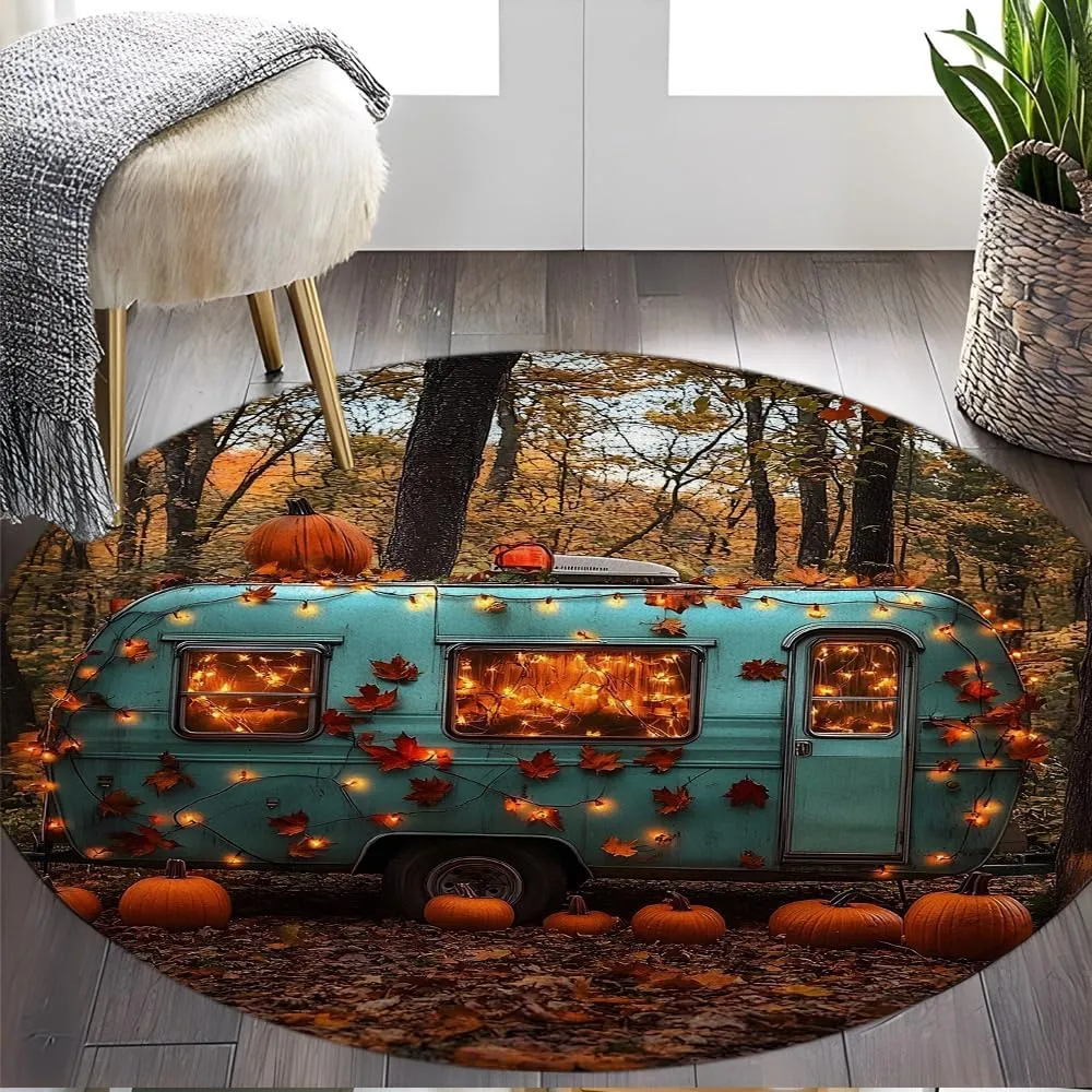 Happy Fall Camper Round Rug 4.9ft-Rustic Autumn Pumpkin Tree Mountain Adventure Tent Camping Travel Trailer Bathroom Rug Microfiber Memory Foam Area Rugs for Living Room Kitchen Bath Floor Rugs