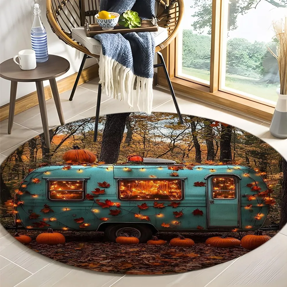 Happy Fall Camper Round Rug 4.9ft-Rustic Autumn Pumpkin Tree Mountain Adventure Tent Camping Travel Trailer Bathroom Rug Microfiber Memory Foam Area Rugs for Living Room Kitchen Bath Floor Rugs
