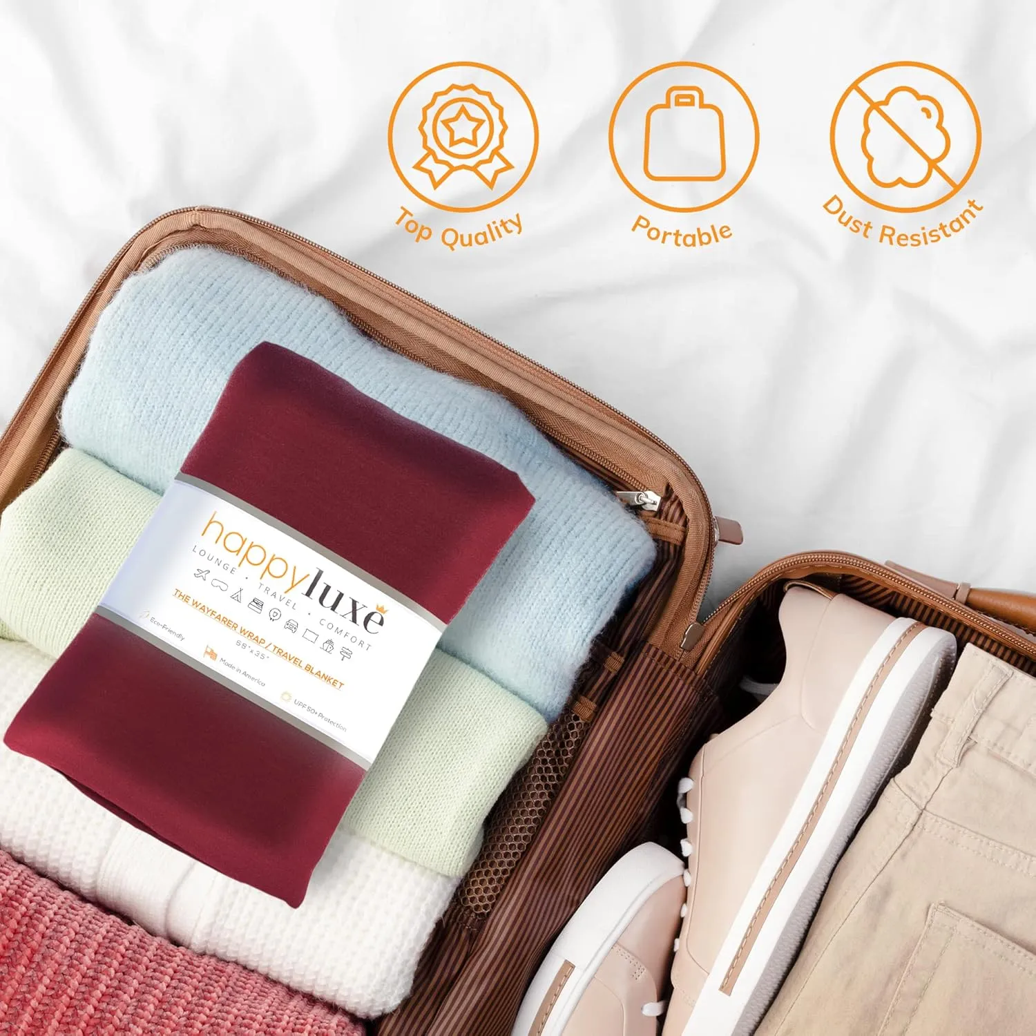 Happyluxe Travel Shawl Wraps for Women - Eco-Cashmere Wrap 68x35in. Scarf, Airplane Blanket. Made In USA