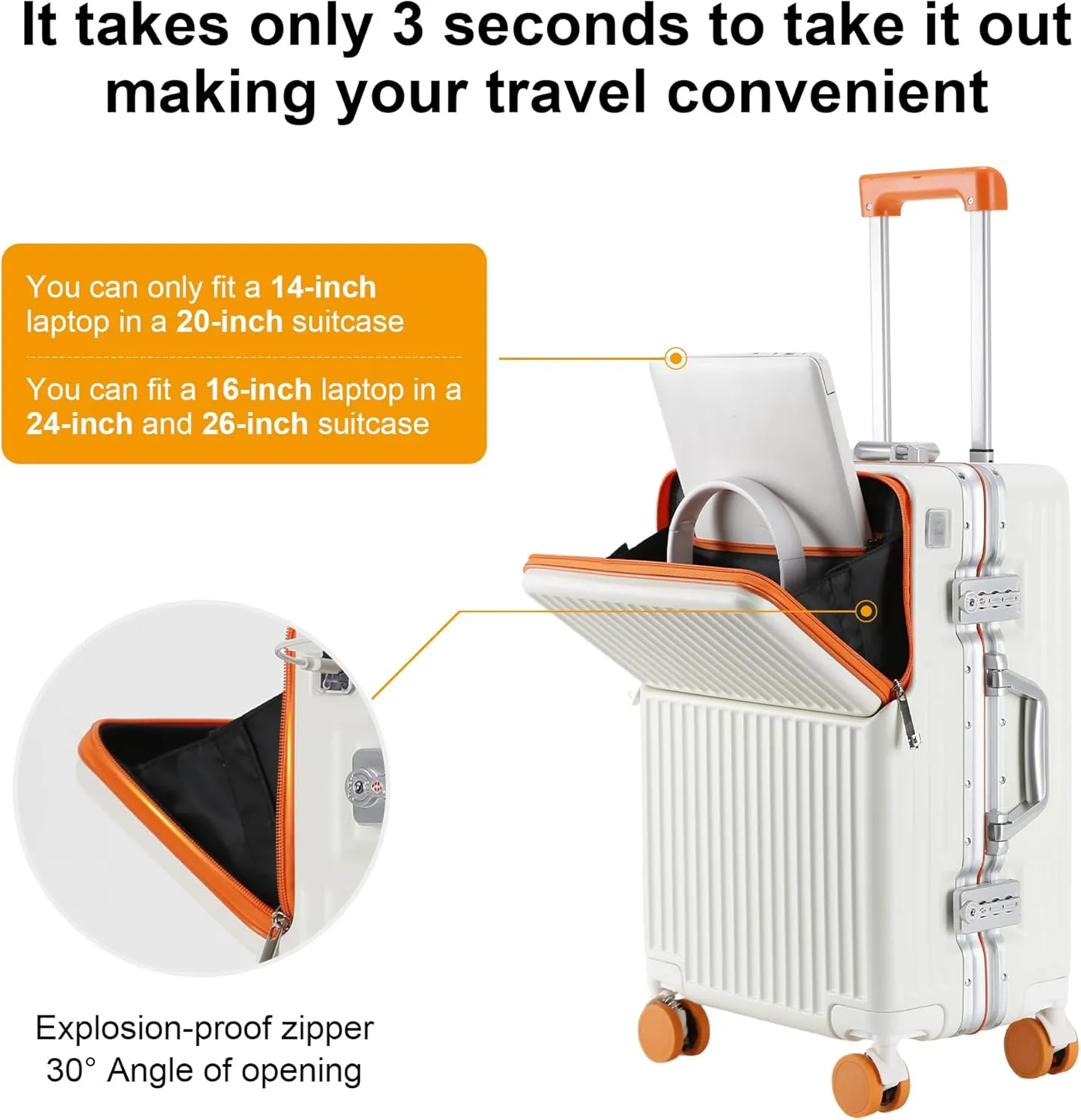 Hard Shell Luggage 20 Inch Travel Luggage, Carry-On Luggage Spinner TSA with Lid, PC ABS Aluminum Frame，Lightweight Travel Luggage 20'' 24'' 26'' Carry-On (orange, 20 inch)